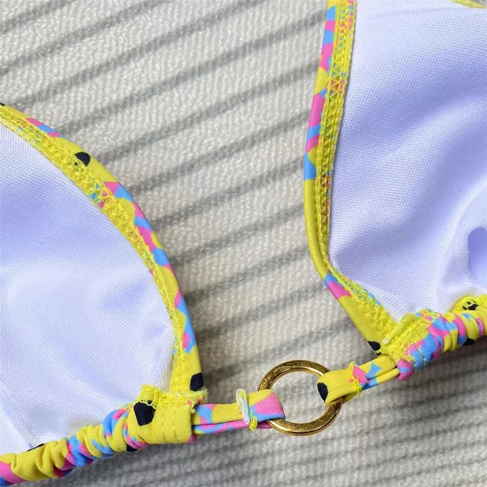 Yellow Floral Print Swimsuit Micro Bikini Thong String Halter Swimwear Bathing Suit Biquinis Mini Bikinis Sets