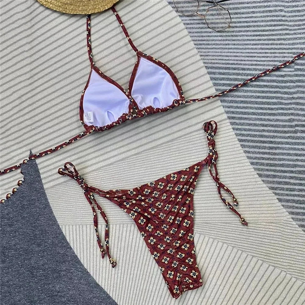 Yellow Floral Print Swimsuit Micro Bikini Thong String Halter Swimwear Bathing Suit Biquinis Mini Bikinis Sets