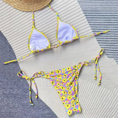 Yellow Floral Print Swimsuit Micro Bikini Thong String Halter Swimwear Bathing Suit Biquinis Mini Bikinis Sets