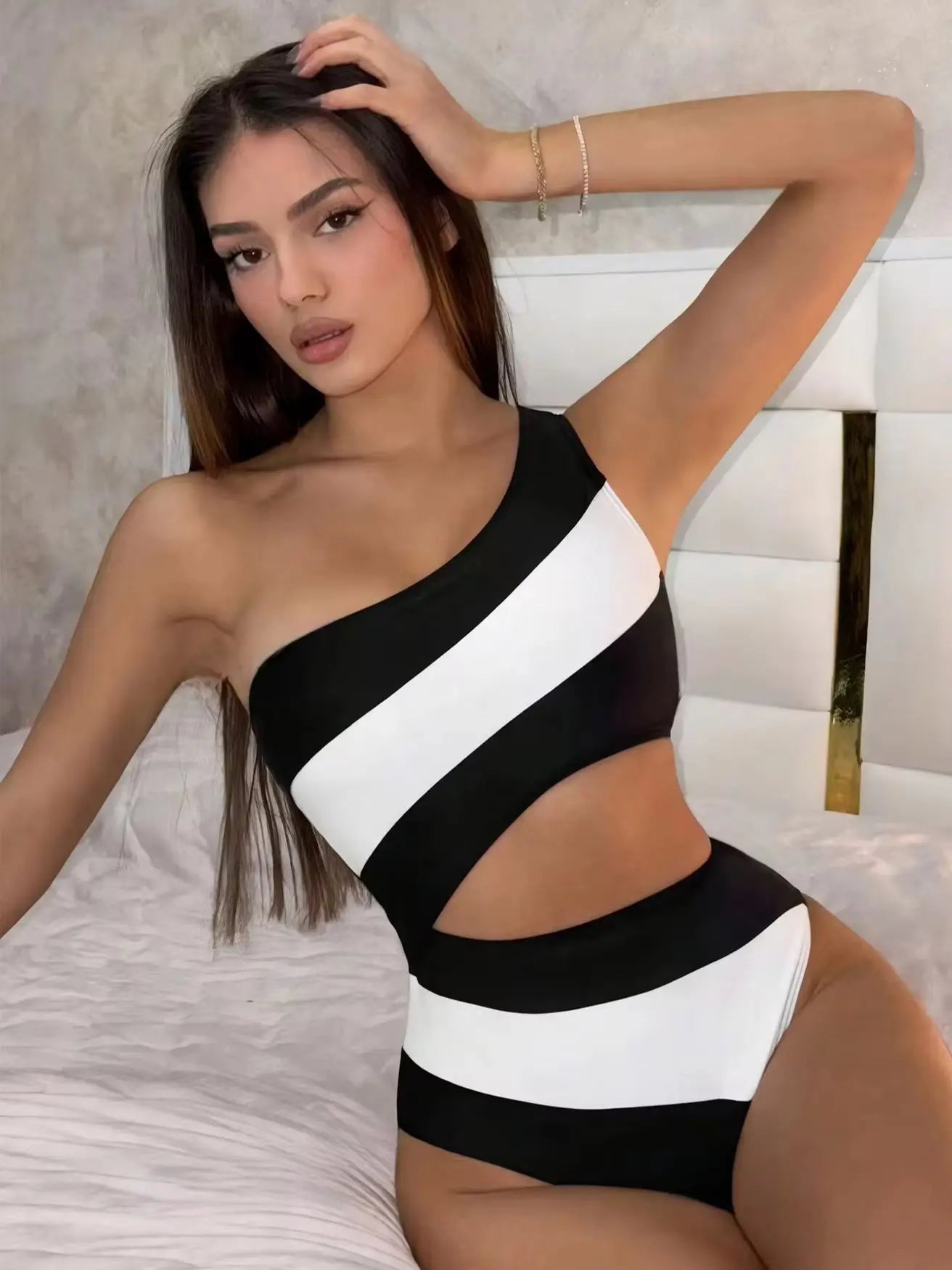 one shoulder one piece swimsuit swimwear bodysuit female body bathing suit