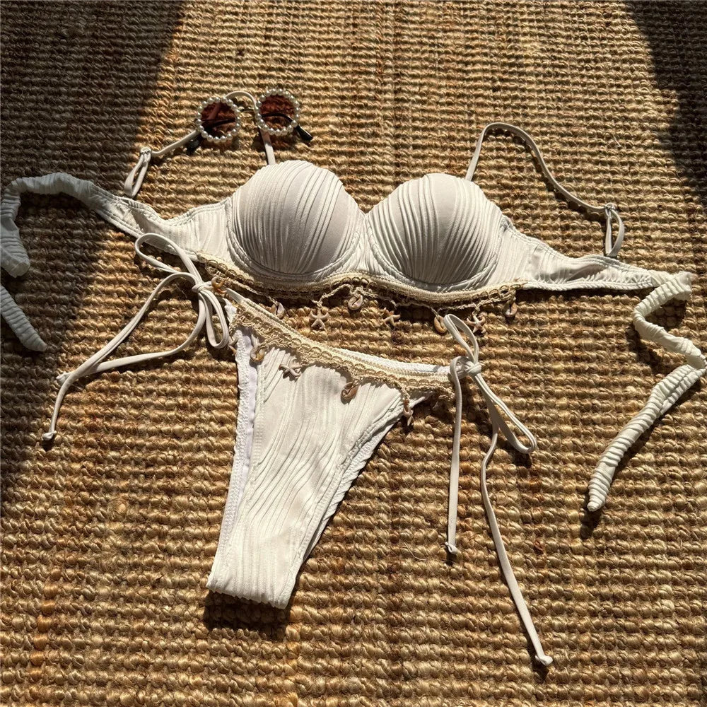 shell Ribbed Swimwear string micro thong Bikinis Sets