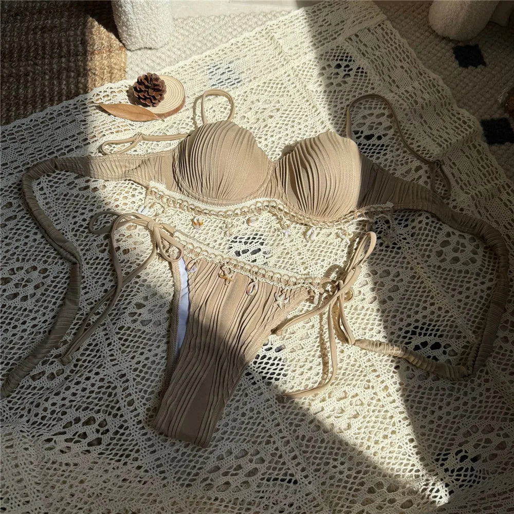 shell Ribbed Swimwear string micro thong Bikinis Sets