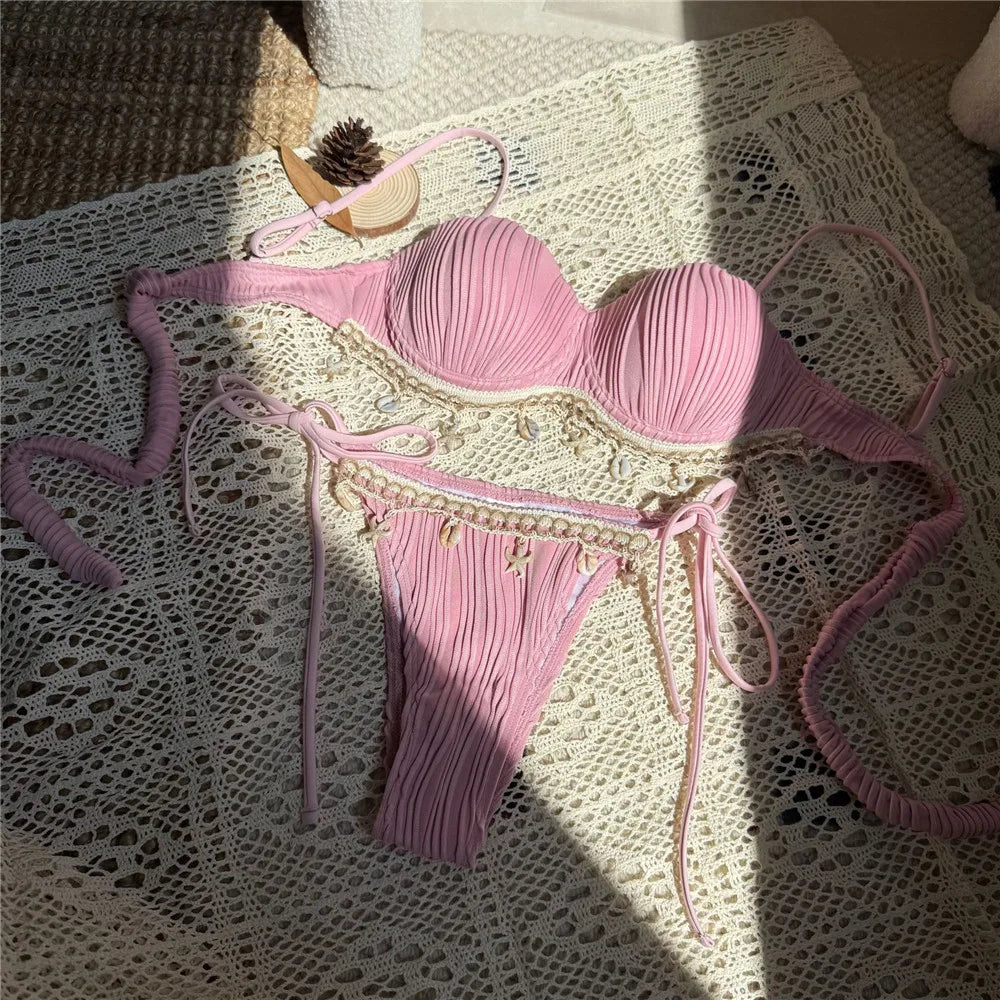 shell Ribbed Swimwear string micro thong Bikinis Sets