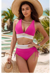 solid color Strap wave ribbon swimwear v neck bikini Set