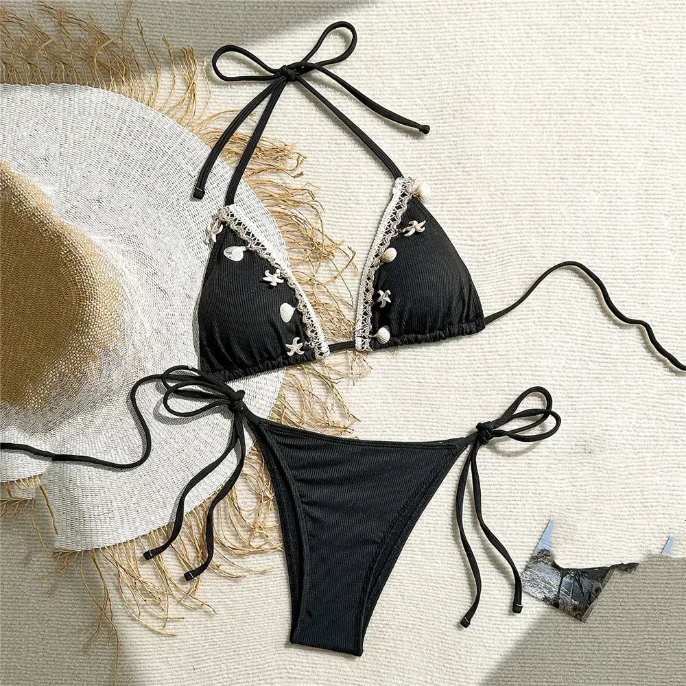 Shell Decoration Swimwear String Halter Bikinis Sets