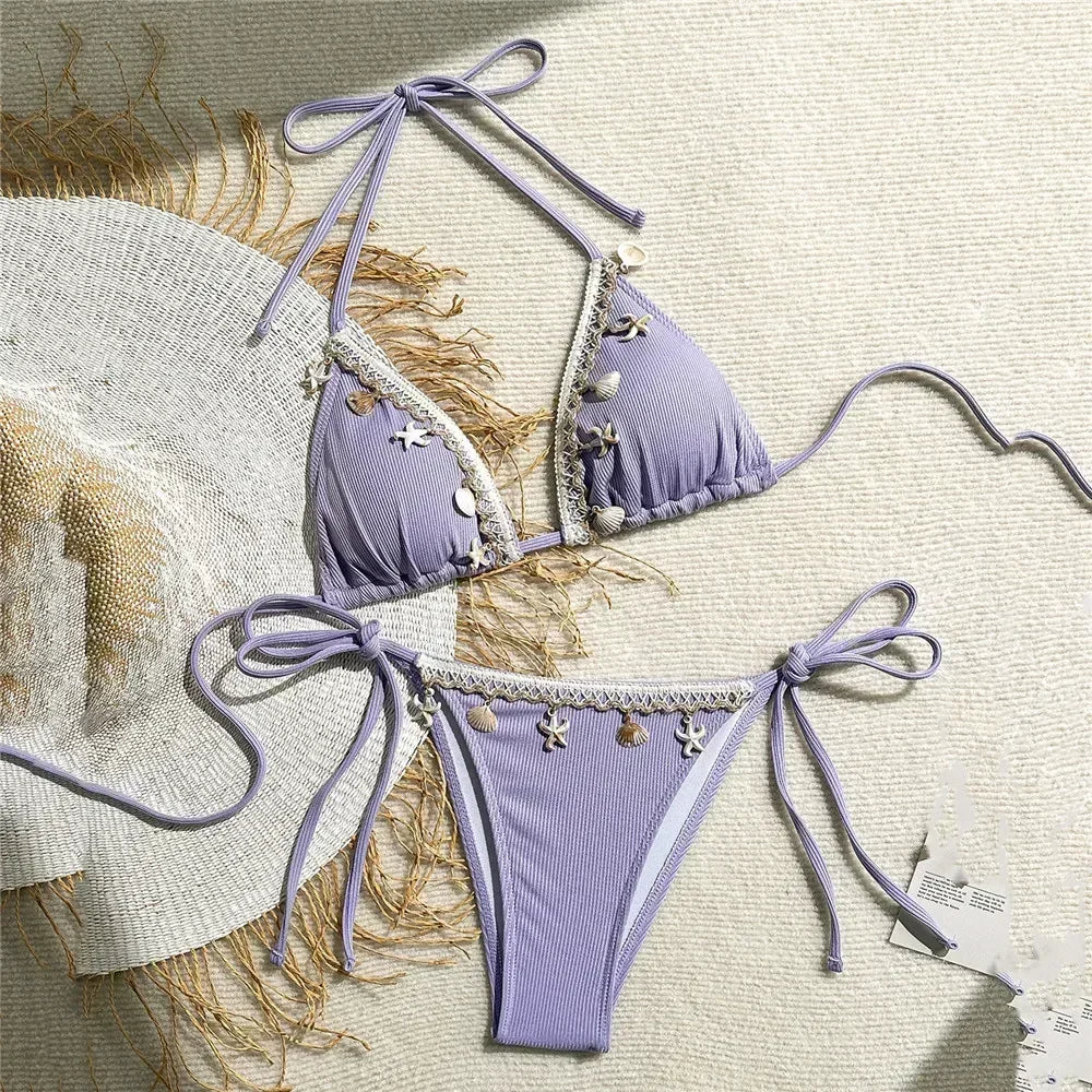 Shell Decoration Swimwear String Halter Bikinis Sets