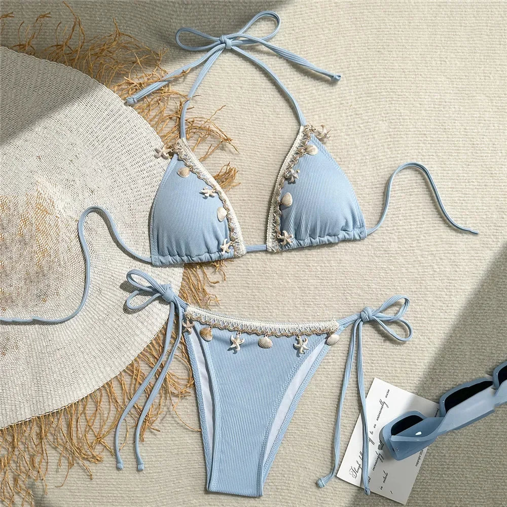 Shell Decoration Swimwear String Halter Bikinis Sets