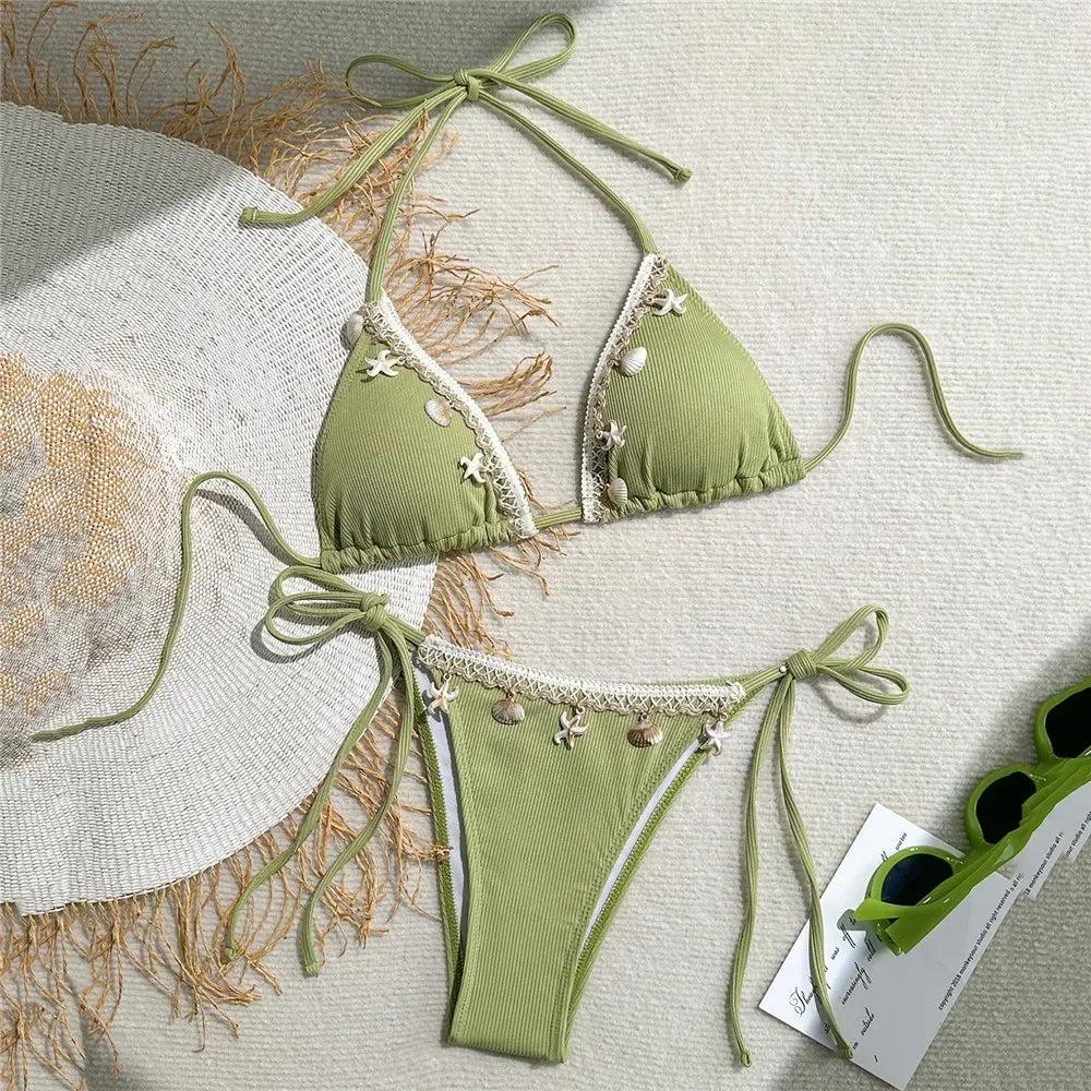 Shell Decoration Swimwear String Halter Bikinis Sets