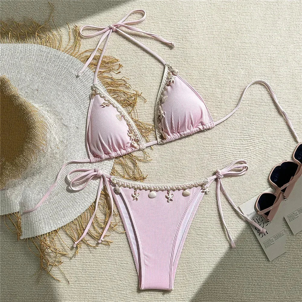 Shell Decoration Swimwear String Halter Bikinis Sets