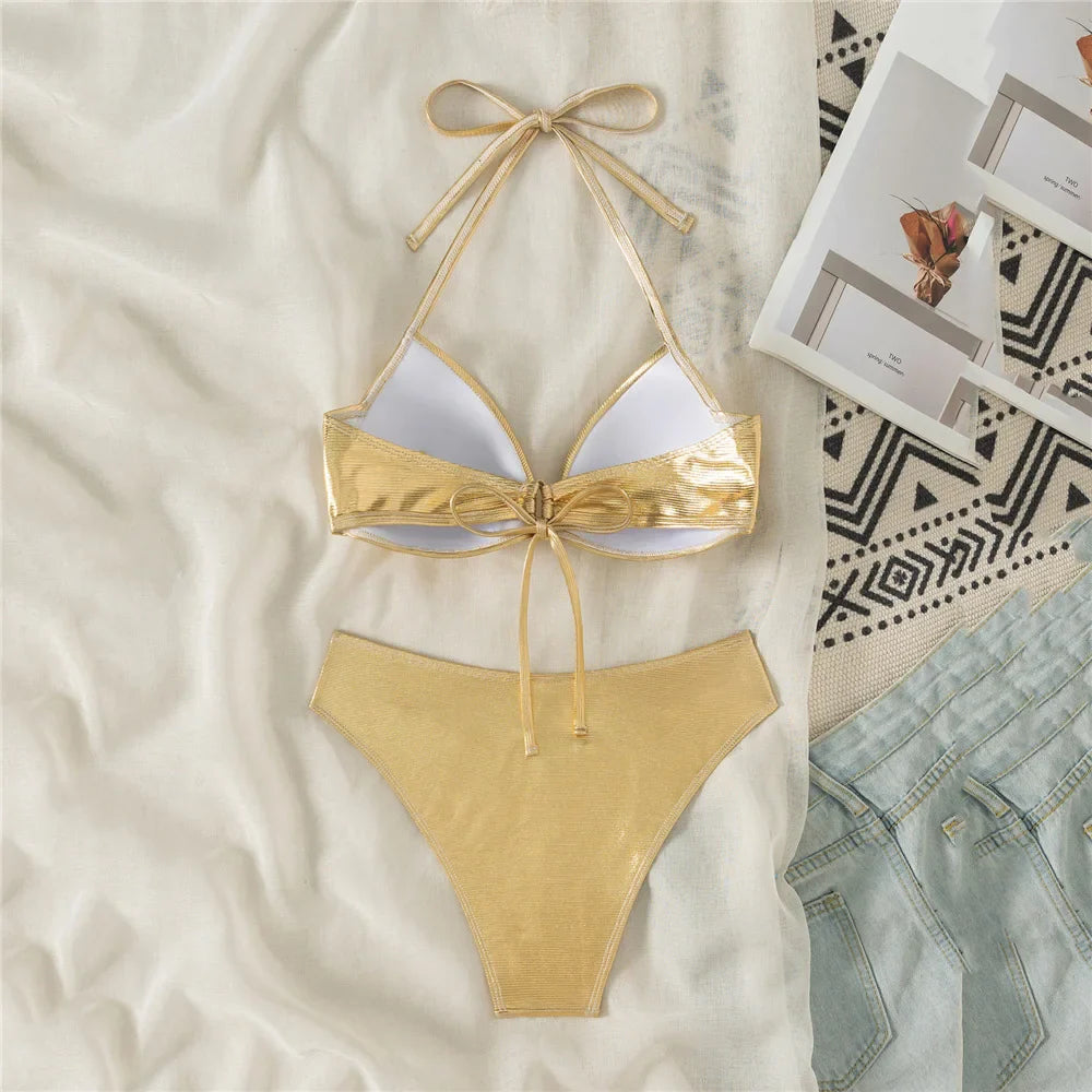 Shiny Gold String Halter Push Up Bikini Donna Swimsuit Back Lace-up Swimwear High Cut Bathing Suit Bikinis Sets