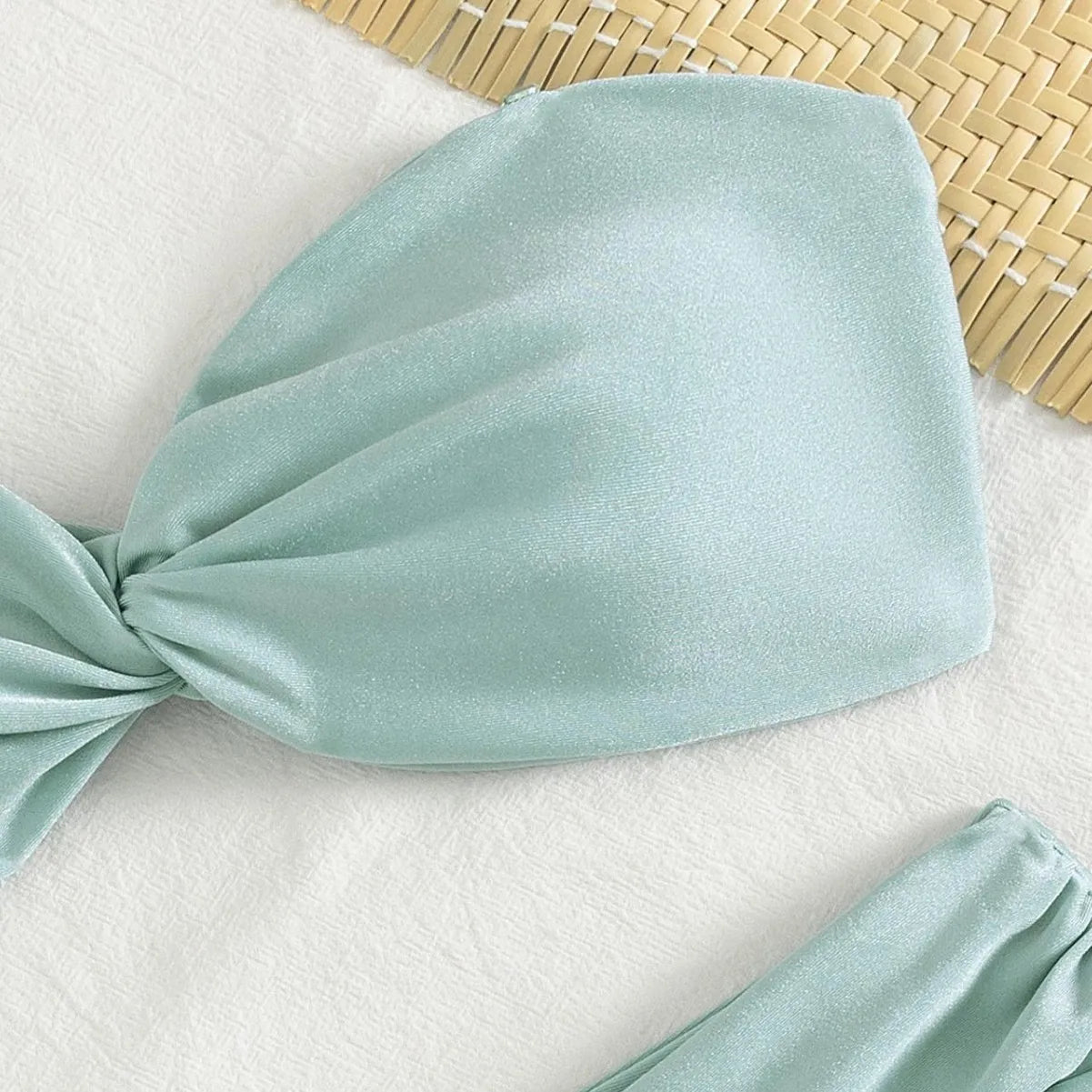 Shiny Mint Green Satin Two Piece Bathing Suit Bandeau Twist Knot Top Removable Shoulder Straps Wrap Ruched High Cut Bikinis