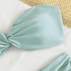 Shiny Mint Green Satin Two Piece Bathing Suit Bandeau Twist Knot Top Removable Shoulder Straps Wrap Ruched High Cut Bikinis