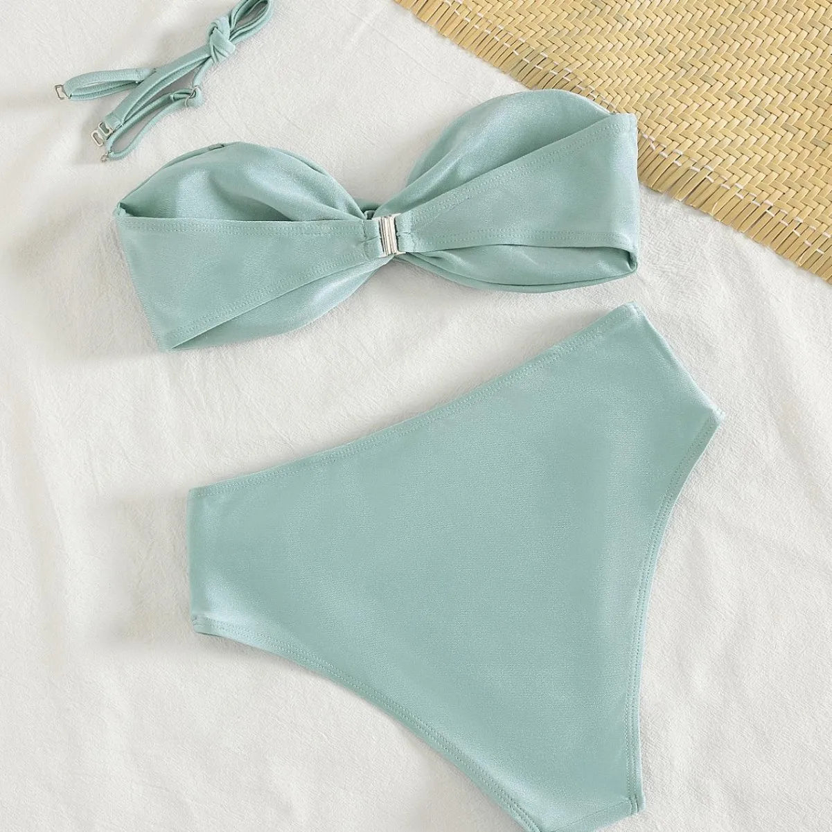 Shiny Mint Green Satin Two Piece Bathing Suit Bandeau Twist Knot Top Removable Shoulder Straps Wrap Ruched High Cut Bikinis