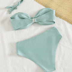 Shiny Mint Green Satin Two Piece Bathing Suit Bandeau Twist Knot Top Removable Shoulder Straps Wrap Ruched High Cut Bikinis