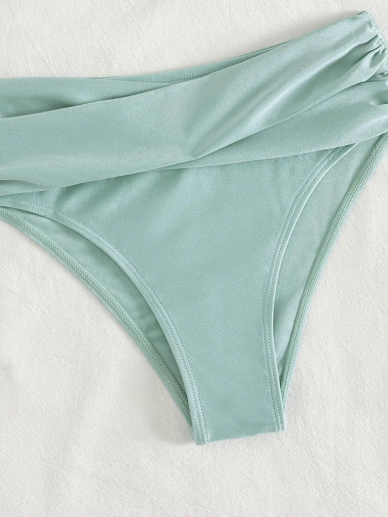Shiny Mint Green Satin Two Piece Bathing Suit Bandeau Twist Knot Top Removable Shoulder Straps Wrap Ruched High Cut Bikinis