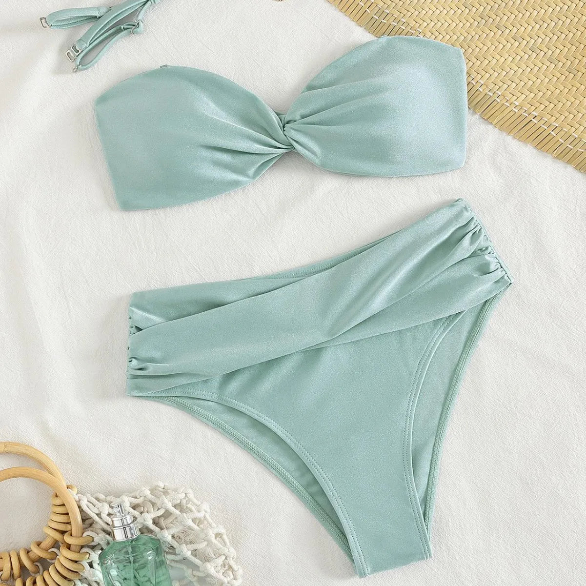 Shiny Mint Green Satin Two Piece Bathing Suit Bandeau Twist Knot Top Removable Shoulder Straps Wrap Ruched High Cut Bikinis