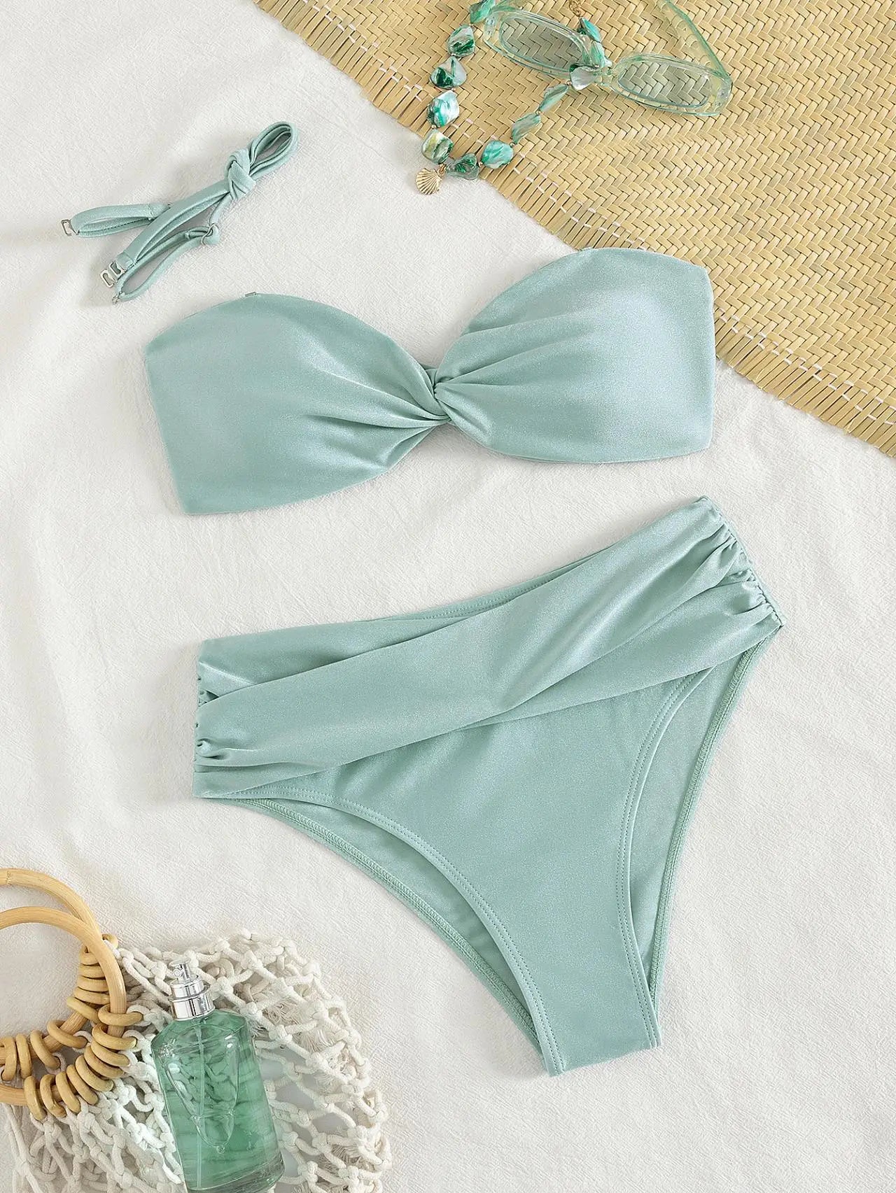 Shiny Mint Green Satin Two Piece Bathing Suit Bandeau Twist Knot Top Removable Shoulder Straps Wrap Ruched High Cut Bikinis