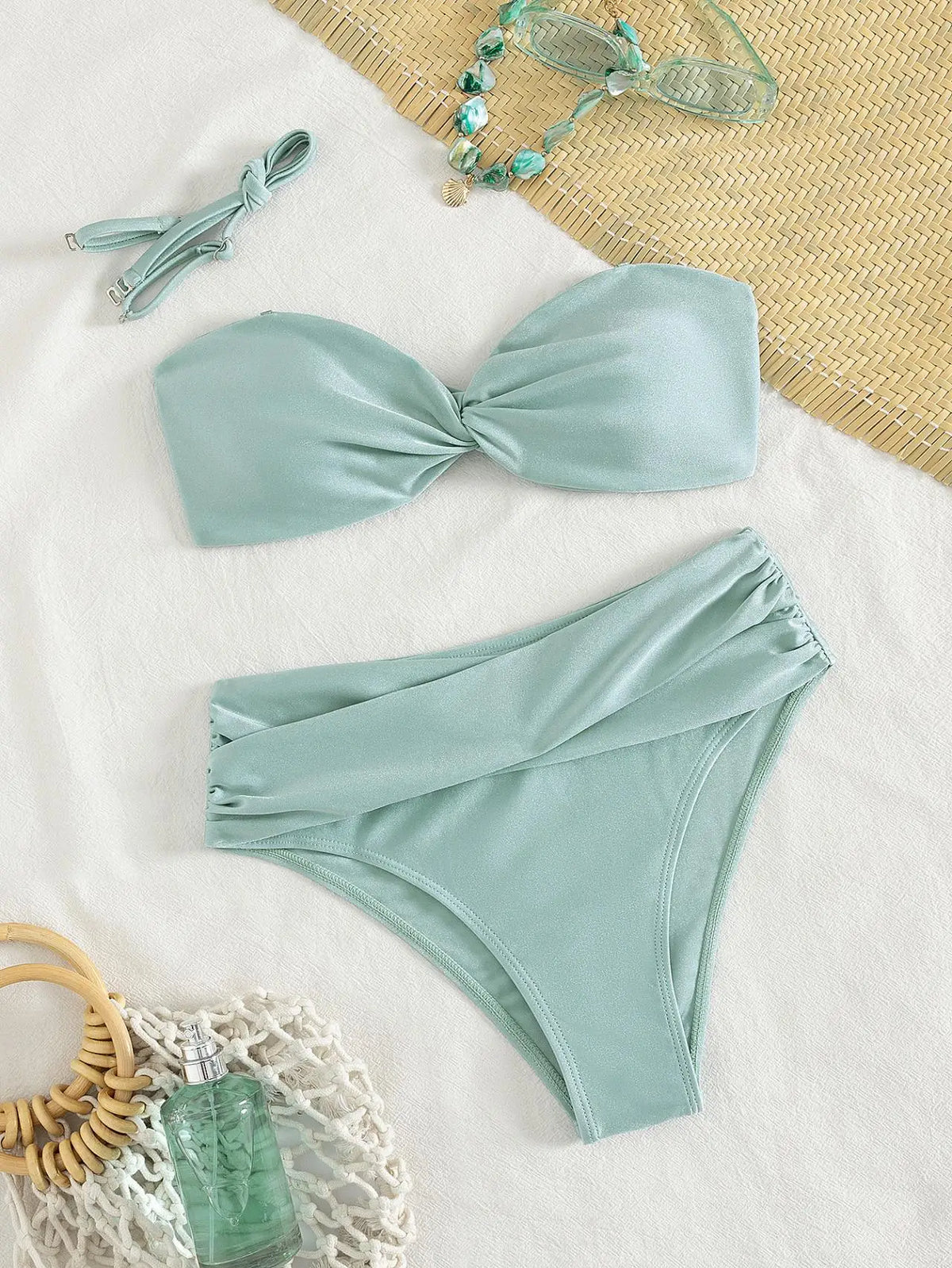 Shiny Mint Green Satin Two Piece Bathing Suit Bandeau Twist Knot Top Removable Shoulder Straps Wrap Ruched High Cut Bikinis