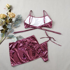 Shiny Pink Micro Thong 3 Piece Bikini Set