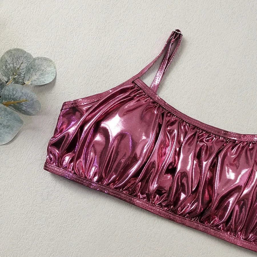 Shiny Pink Micro Thong 3 Piece Bikini Set