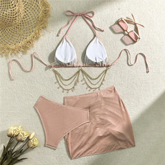 Shiny Pink String Halter Triangle 3 Piece High Waisted Bikini Set