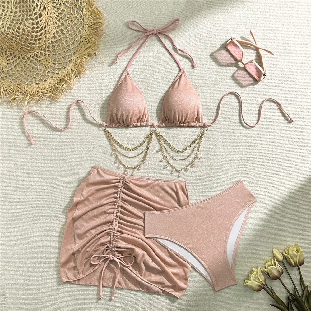 Shiny Pink String Halter Triangle 3 Piece High Waisted Bikini Set