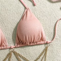 Shiny Pink String Halter Triangle 3 Piece High Waisted Bikini Set