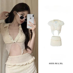Short Sleeve Cover Up Skirt Halter Bikinis Female Swimsuit Swimwear 3 Pieces Bikini Set