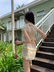 Short Sleeve Cover Up Skirt Halter Bikinis Female Swimsuit Swimwear 3 Pieces Bikini Set
