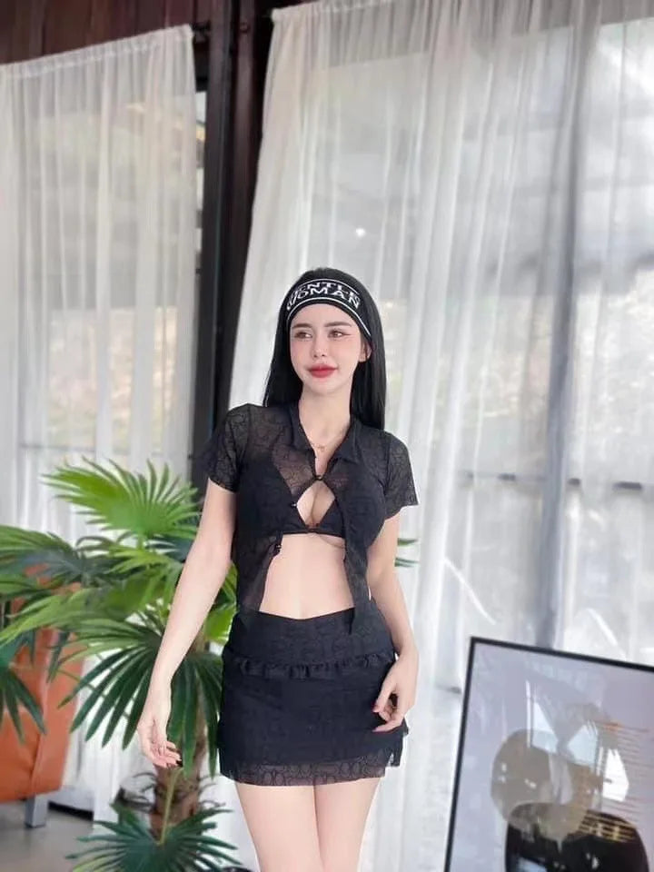 Short Sleeve Cover Up Skirt Halter Bikinis Female Swimsuit Swimwear 3 Pieces Bikini Set