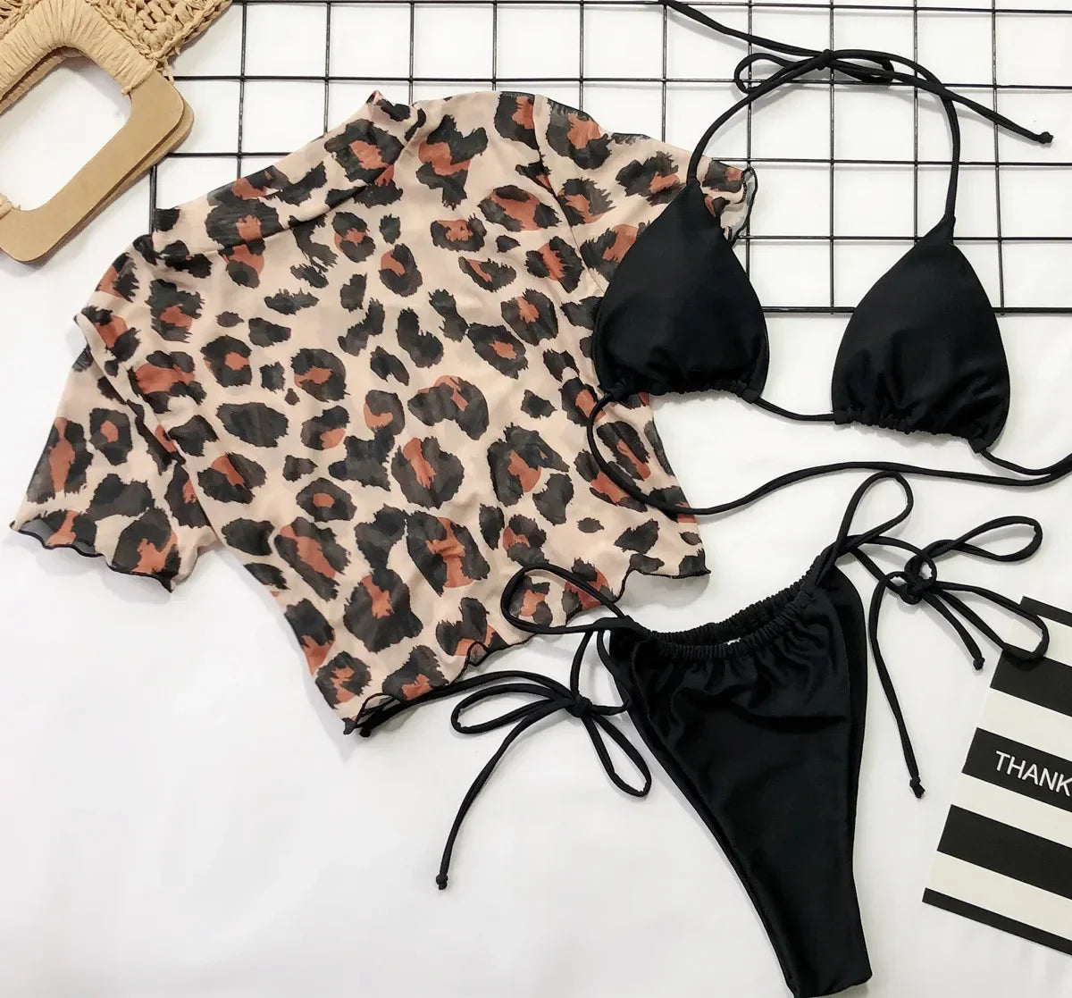 Short Sleeve Mesh 3 Piece Swimsuit Neon Green High Cut Leopard Cover Up Push Up Bikini Separate Bathing Suit Thong Swimwear 2026