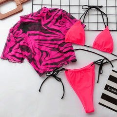 Short Sleeve Mesh 3 Piece Swimsuit Neon Green High Cut Leopard Cover Up Push Up Bikini Separate Bathing Suit Thong Swimwear 2026