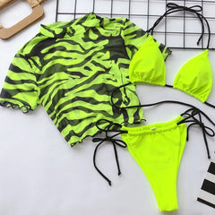 Short Sleeve Mesh 3 Piece Swimsuit Neon Green High Cut Leopard Cover Up Push Up Bikini Separate Bathing Suit Thong Swimwear 2026