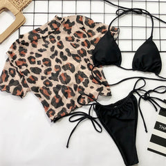 Short Sleeve Mesh 3 Piece Swimsuit Neon Green High Cut Leopard Cover Up Push Up Bikini Separate Bathing Suit Thong Swimwear 2026