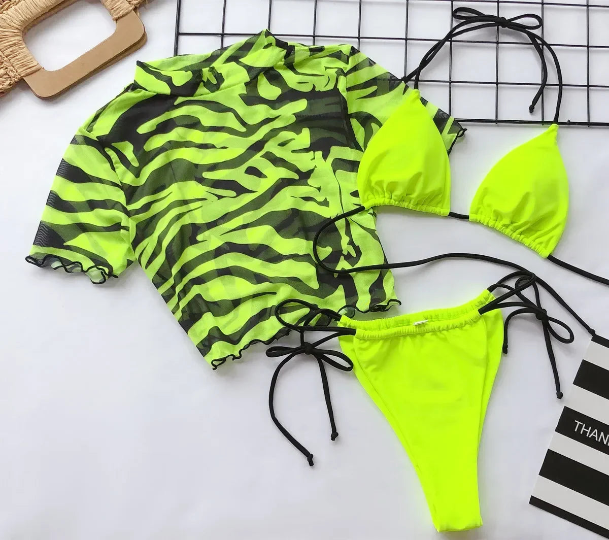 Short Sleeve Mesh 3 Piece Swimsuit Neon Green High Cut Leopard Cover Up Push Up Bikini Separate Bathing Suit Thong Swimwear 2026