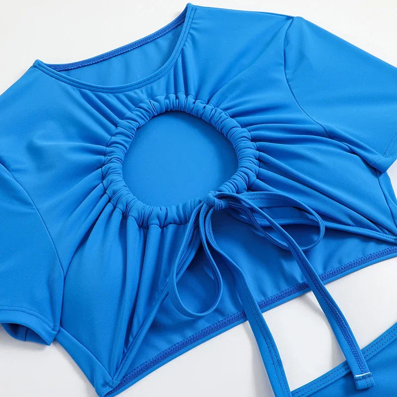 Short Sleeve Swimsuit Blue 2 Piece Bikini Hollow Out Drawstring Pleated Swimwear High Waist Bathing Suit Summer