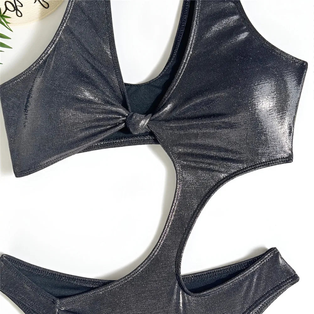 Silver Black Shiny Swimsuit Woman One Piece Knotted Swimwears Hollow Out Monokini High Cut Swimming Bathing Suit Wear