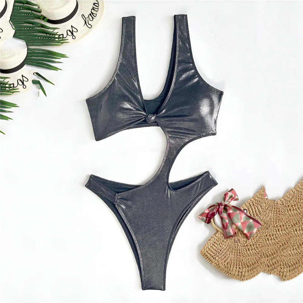 Silver Black Shiny Swimsuit Woman One Piece Knotted Swimwears Hollow Out Monokini High Cut Swimming Bathing Suit Wear
