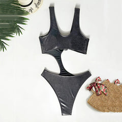 Silver Black Shiny Swimsuit Woman One Piece Knotted Swimwears Hollow Out Monokini High Cut Swimming Bathing Suit Wear