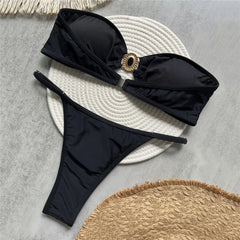 Solid Black Bandeau Bikini Micro Thong Swimsuit Rhinestone Swimwear High Cut Bathing Suit Bikinis Sets