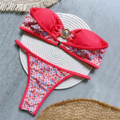 Solid Black Bandeau Bikini Micro Thong Swimsuit Rhinestone Swimwear High Cut Bathing Suit Bikinis Sets