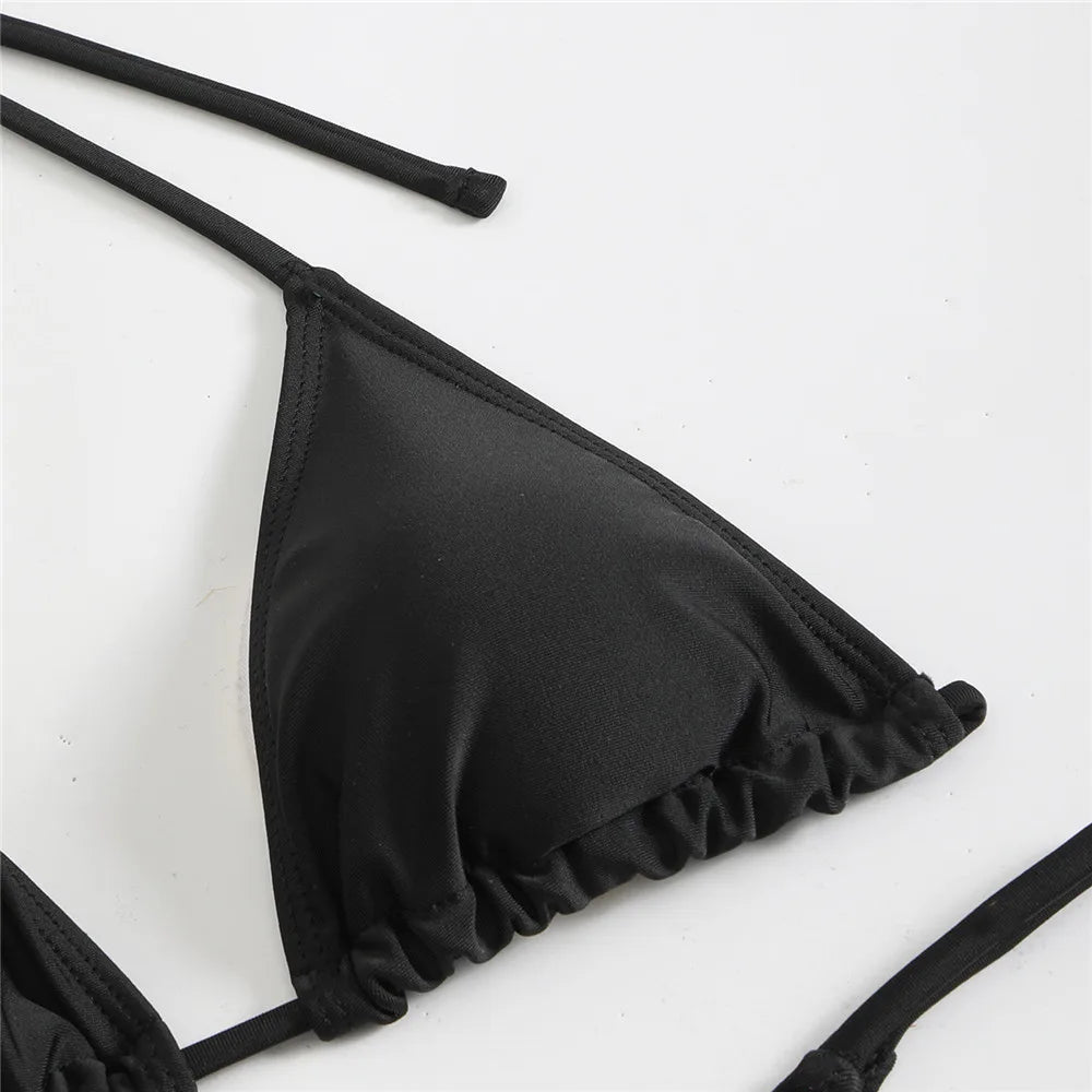 Solid BlackThong Micro Bikinis Sets