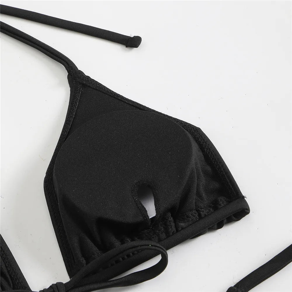 Solid BlackThong Micro Bikinis Sets
