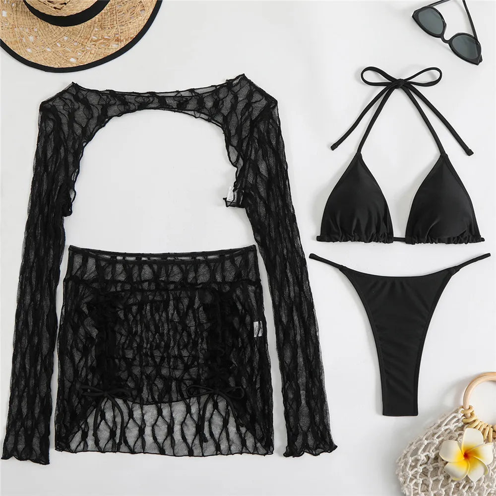 Solid BlackThong Micro Bikinis Sets