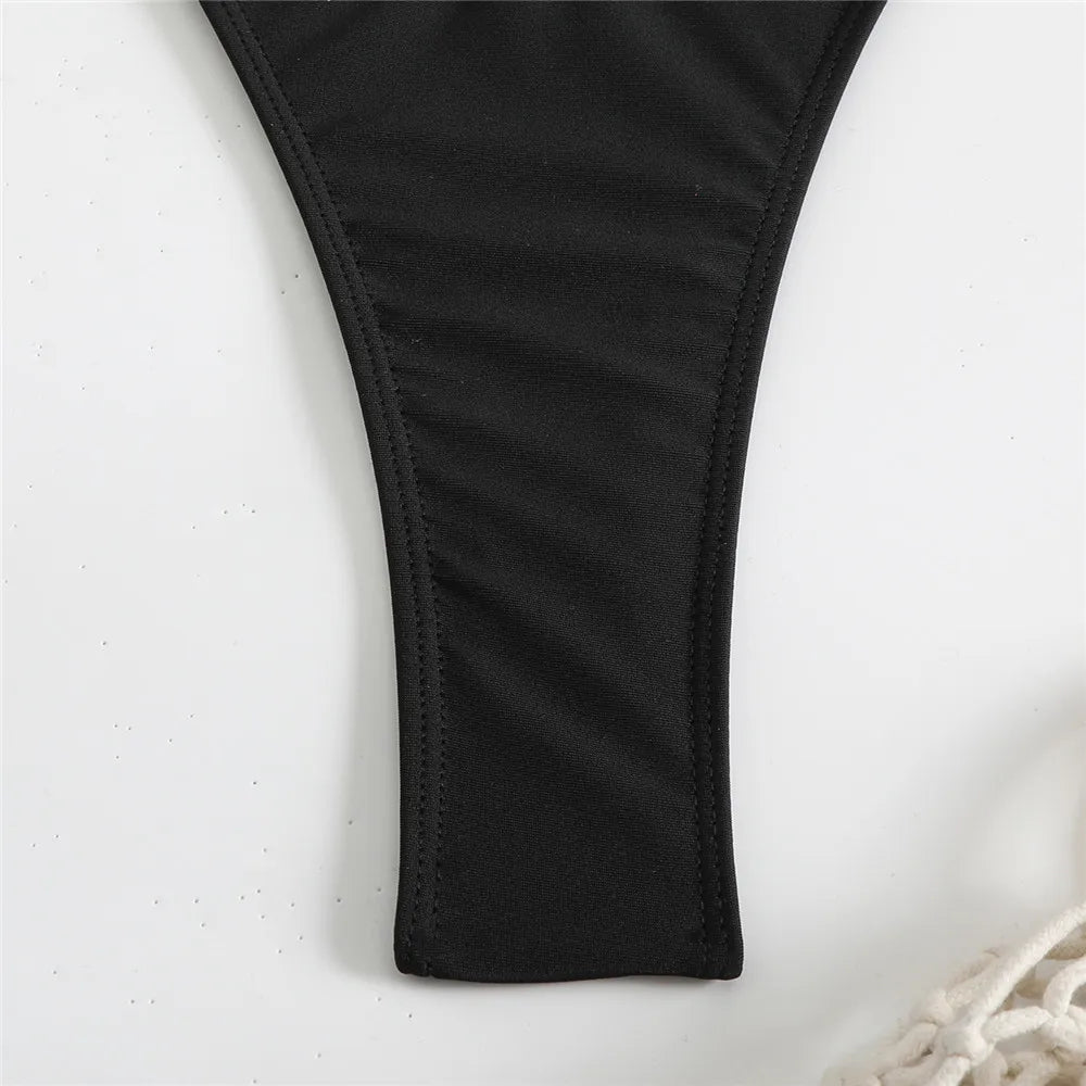 Solid BlackThong Micro Bikinis Sets