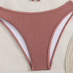 Solid Brown Ribbed Swimwears Bikinis Sets