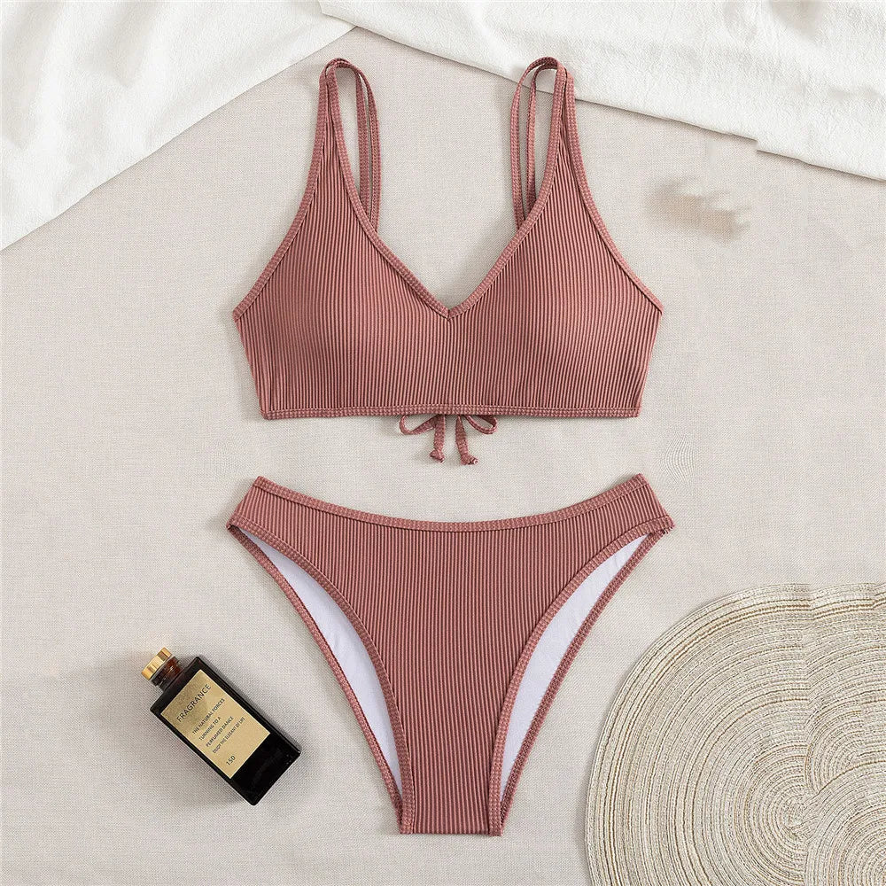 Solid Brown Ribbed Swimwears Bikinis Sets
