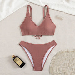 Solid Brown Ribbed Swimwears Bikinis Sets