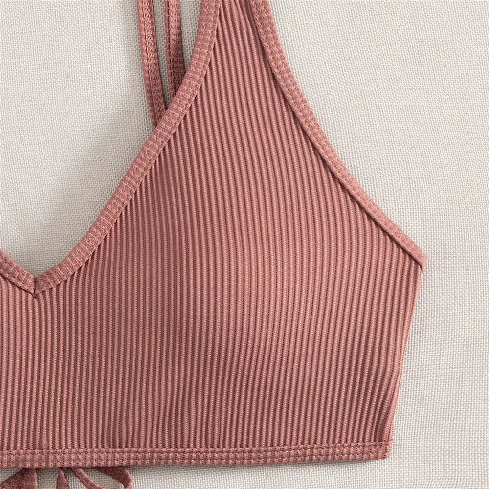 Solid Brown Ribbed Swimwears Bikinis Sets