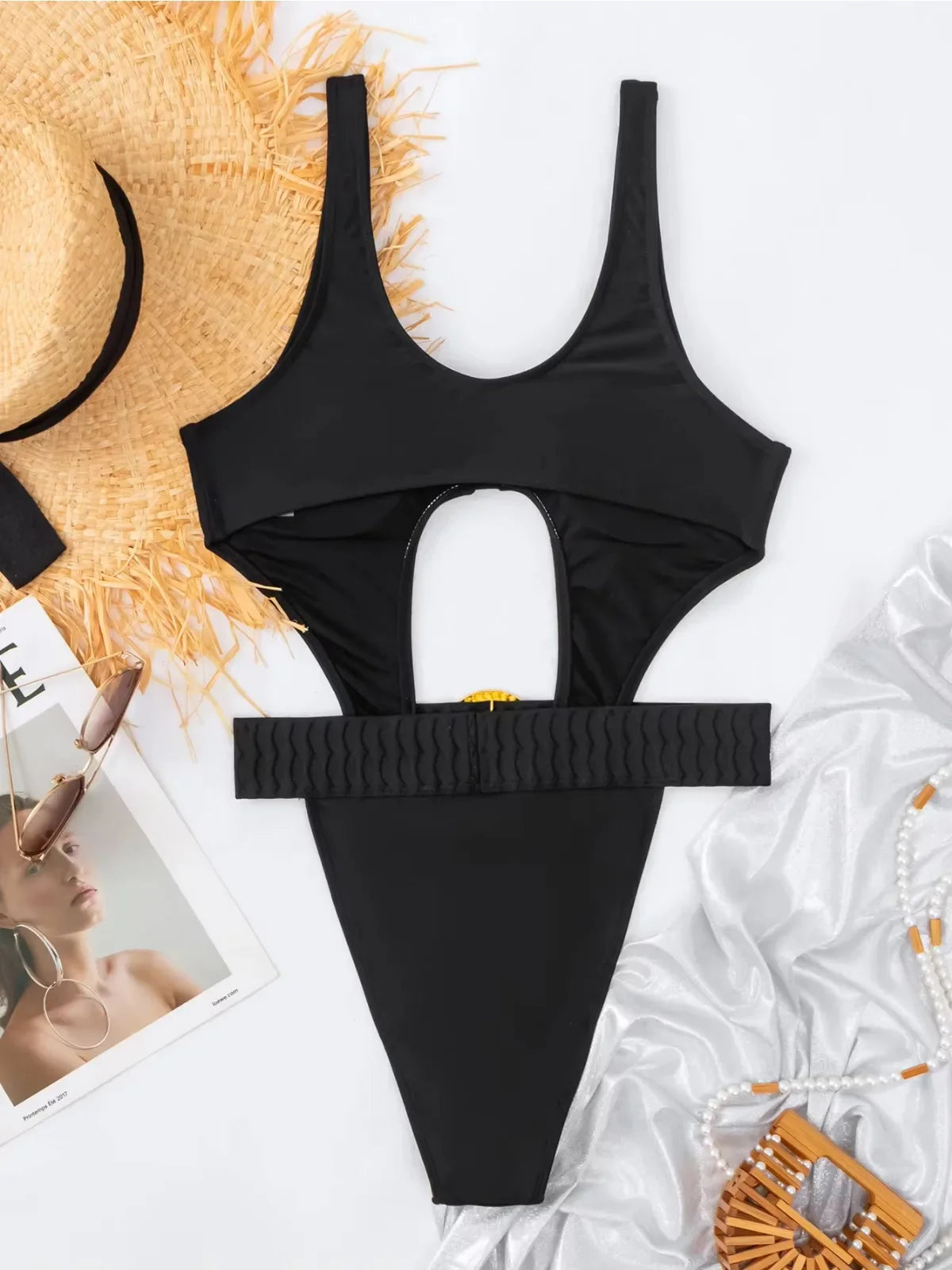 Solid Color Black High Waist One Piece Swimsuit